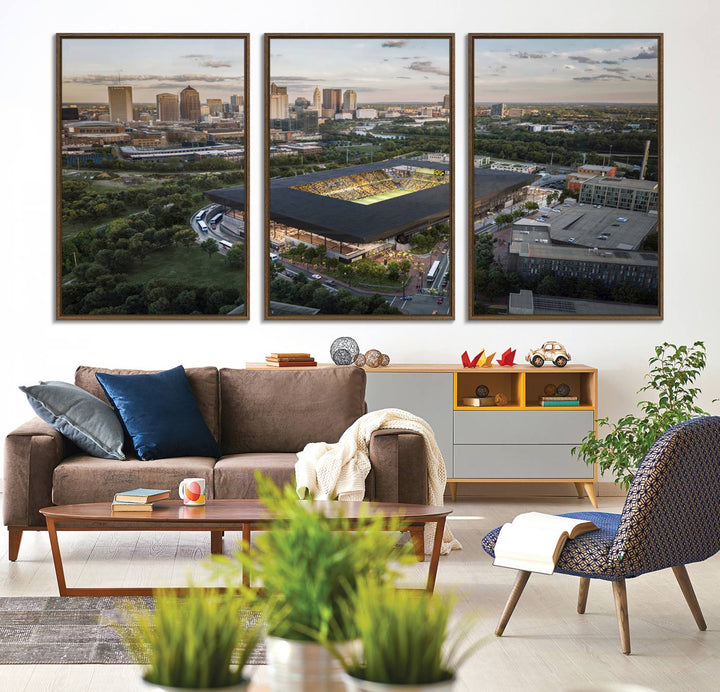 The Columbus Crew Soccer Stadium canvas art adds a vibrant touch to the room.