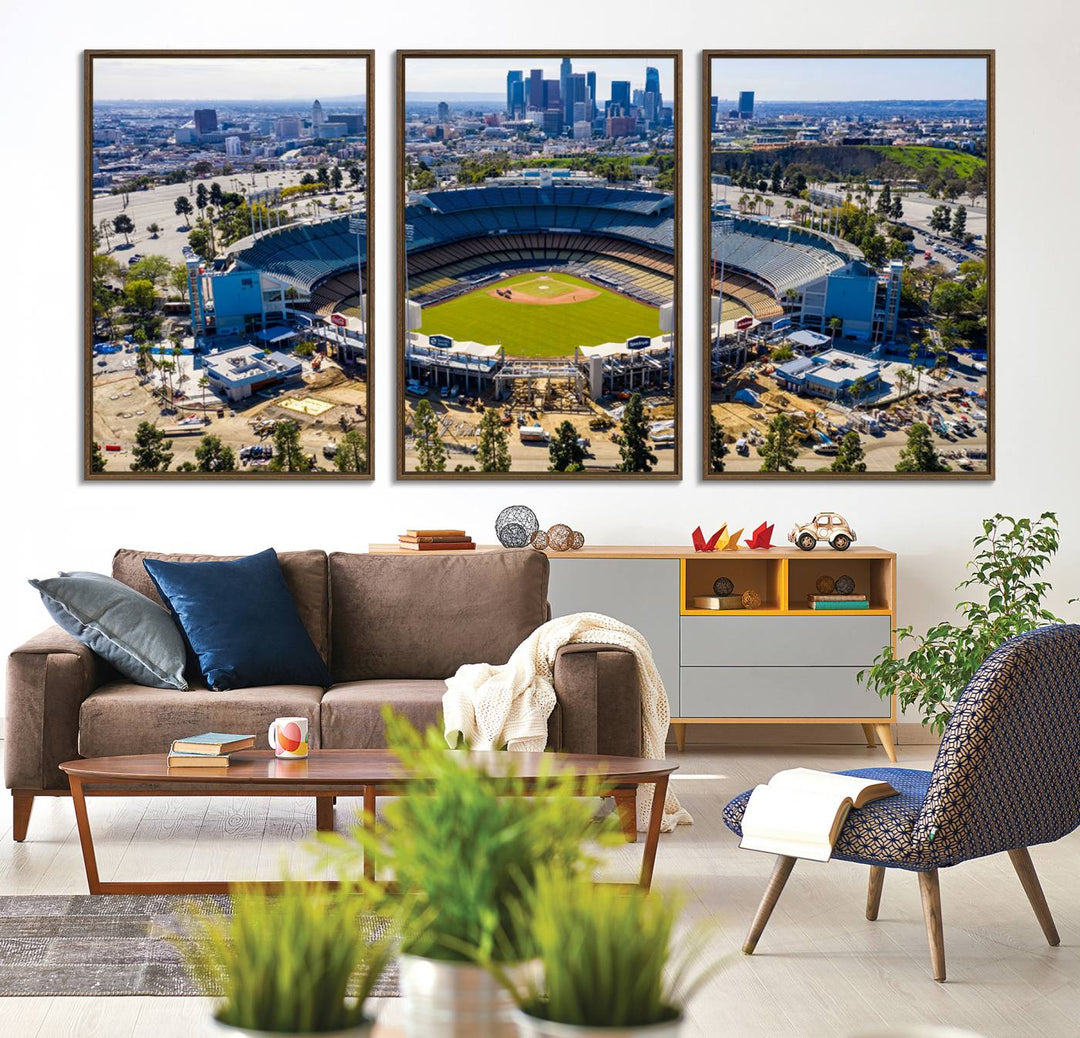 Aerial view of Dodger Stadium city skyline on a premium Los Angeles Dodgers MLB canvas print.