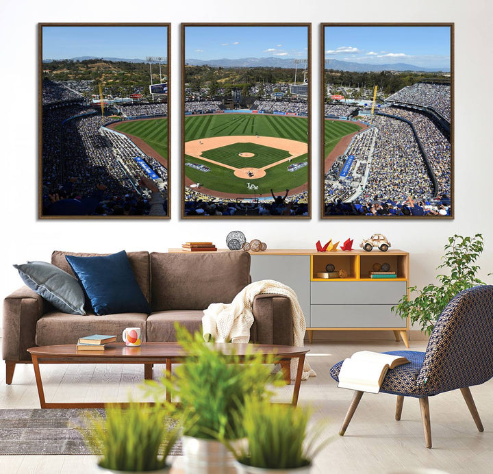 Aerial view of Dodger Stadium captured in gallery-quality on a Dodgers wall art canvas.