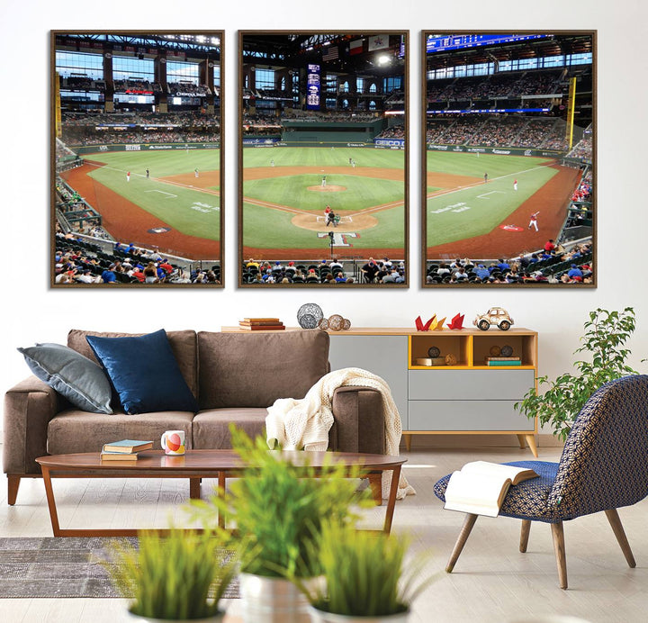 Admire the Texas Rangers Wall Art showcasing Globe Life Fields covered stadium and its lively crowd.