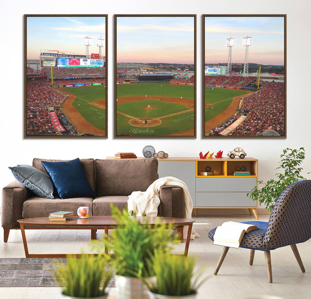 Cincinnati Reds game at sunset: Stadium wall art canvas.