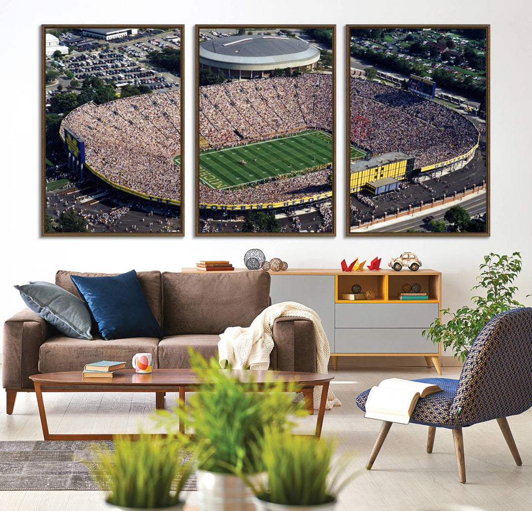 Aerial view of Michigan Wolverines college football culture on a stadium canvas wall art.