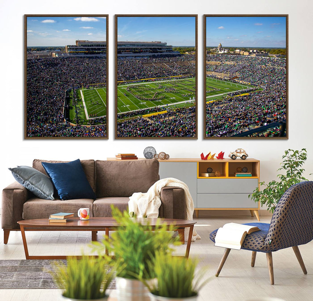 Aerial shot of packed stadium on green; Notre Dame Fighting Irish Stadium Wall Art Canvas Print.