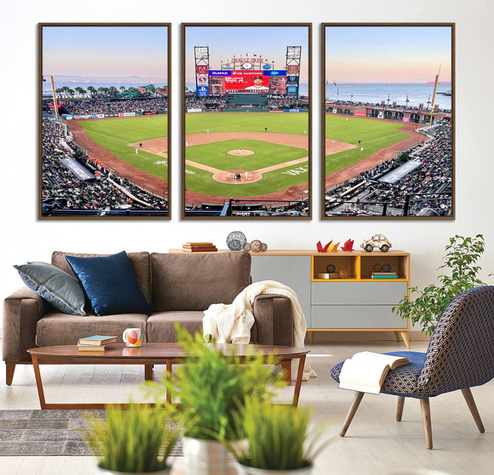 Gallery-quality canvas print of Oracle Park Stadium showcasing a waterfront view from behind home plate.