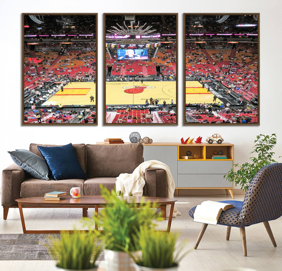 A Miami Heat Basketball Print showcases Kaseya Center Stadium Wall Art with a grand scoreboard.