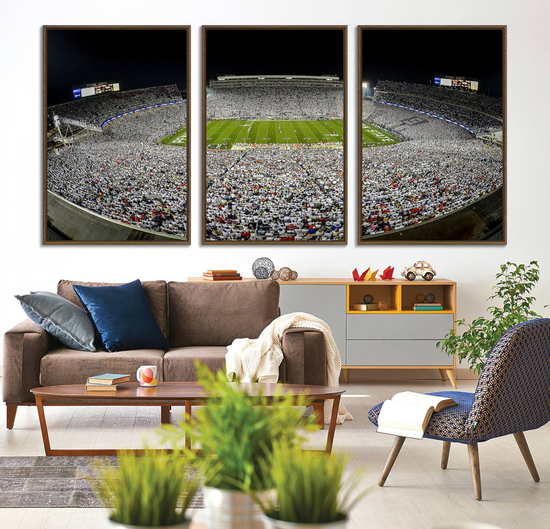 The triple canvas wall art depicts Beaver Stadiums vibrant atmosphere during a night game from the end zone.