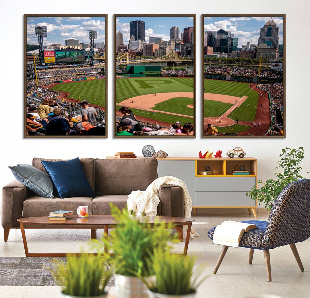 PNC Park Stadium canvas print features a lush field and city skyline, ready to hang.