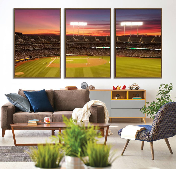 The Oakland Coliseum print is a museum-quality canvas depicting a full crowd and a sunset.