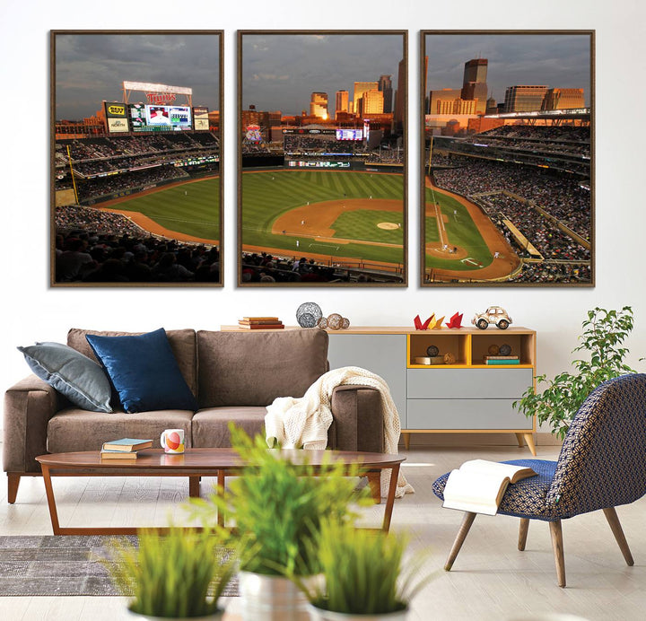 Baseball at Target Field, sunset game, city skyline view.