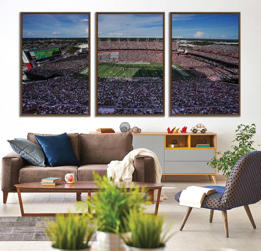 The wall art is a South Carolina Gamecocks print, showcasing Williams-Brice Stadium from a distance under clear skies.