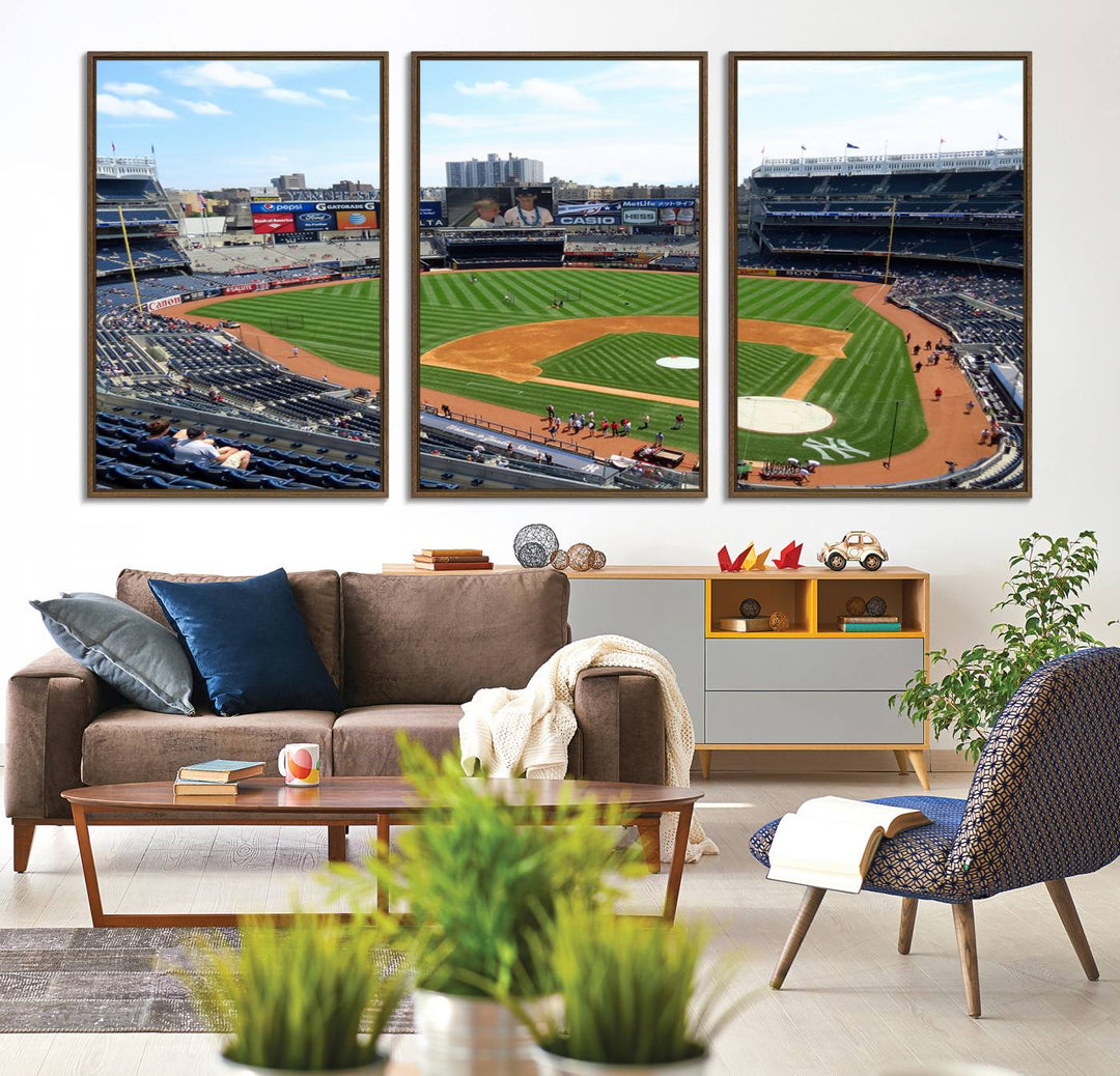 The living room features a Buffalo Bills Stadium wall art.