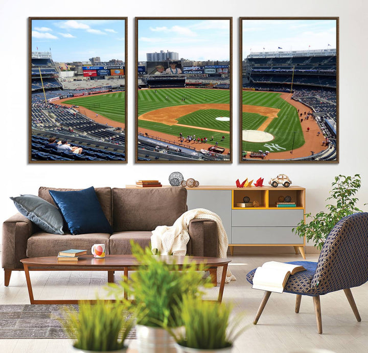 The living room features a Buffalo Bills Stadium wall art.