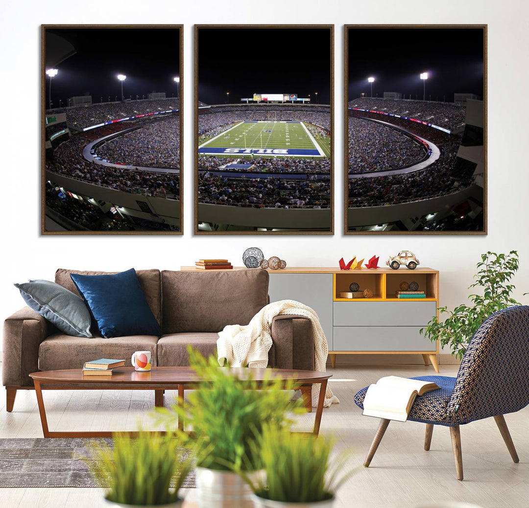 The Buffalo Bills NFL Highmark Stadium at night print captures the bright lights, conveying an exhilarating atmosphere.