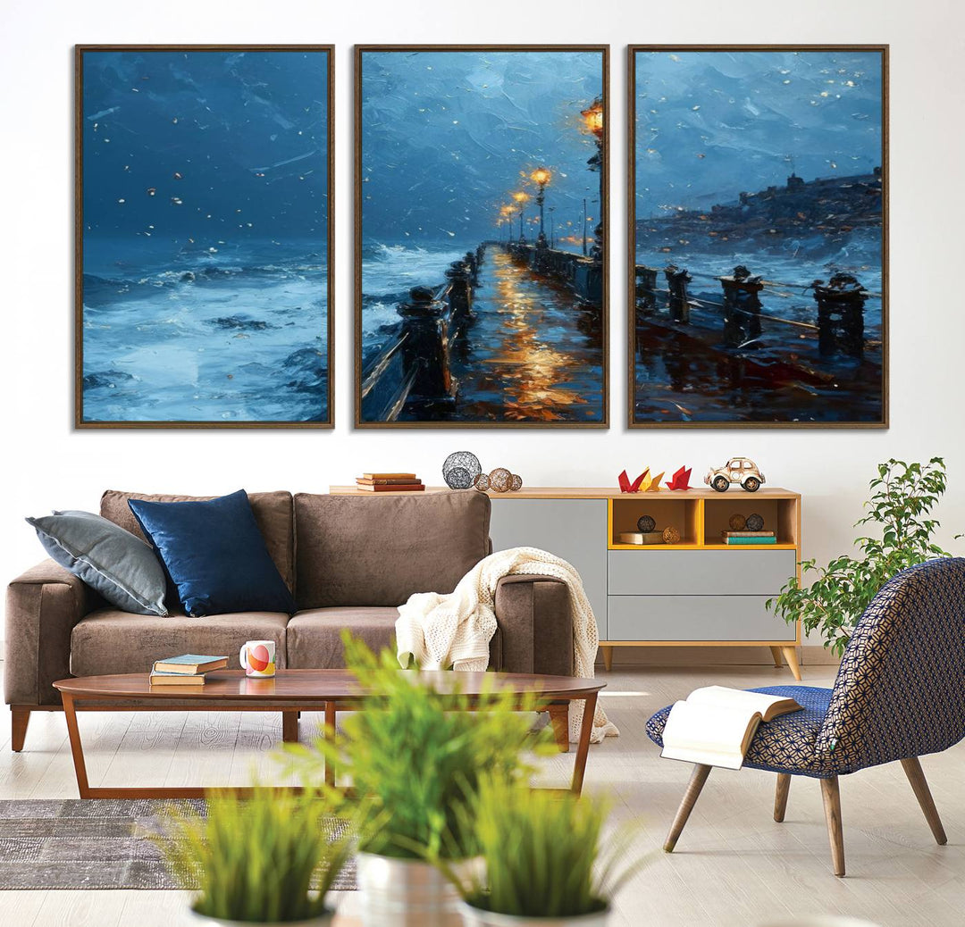 A framed oil painting depicts a stormy night at a beach pier, with glowing lamps and waves beneath a snow-filled sky.