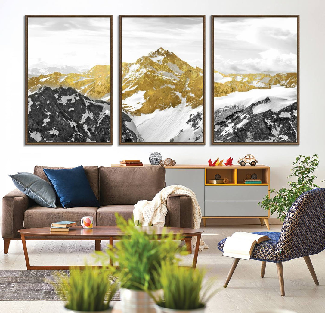 Gold Abstract Mountains Wall Art Print on Canvas.