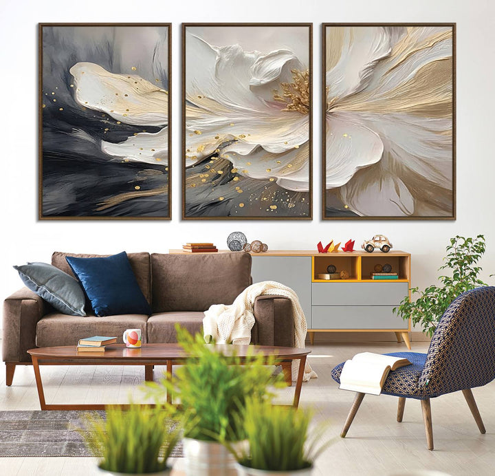 The abstract floral wall art canvas print features a large flower with gold accents.