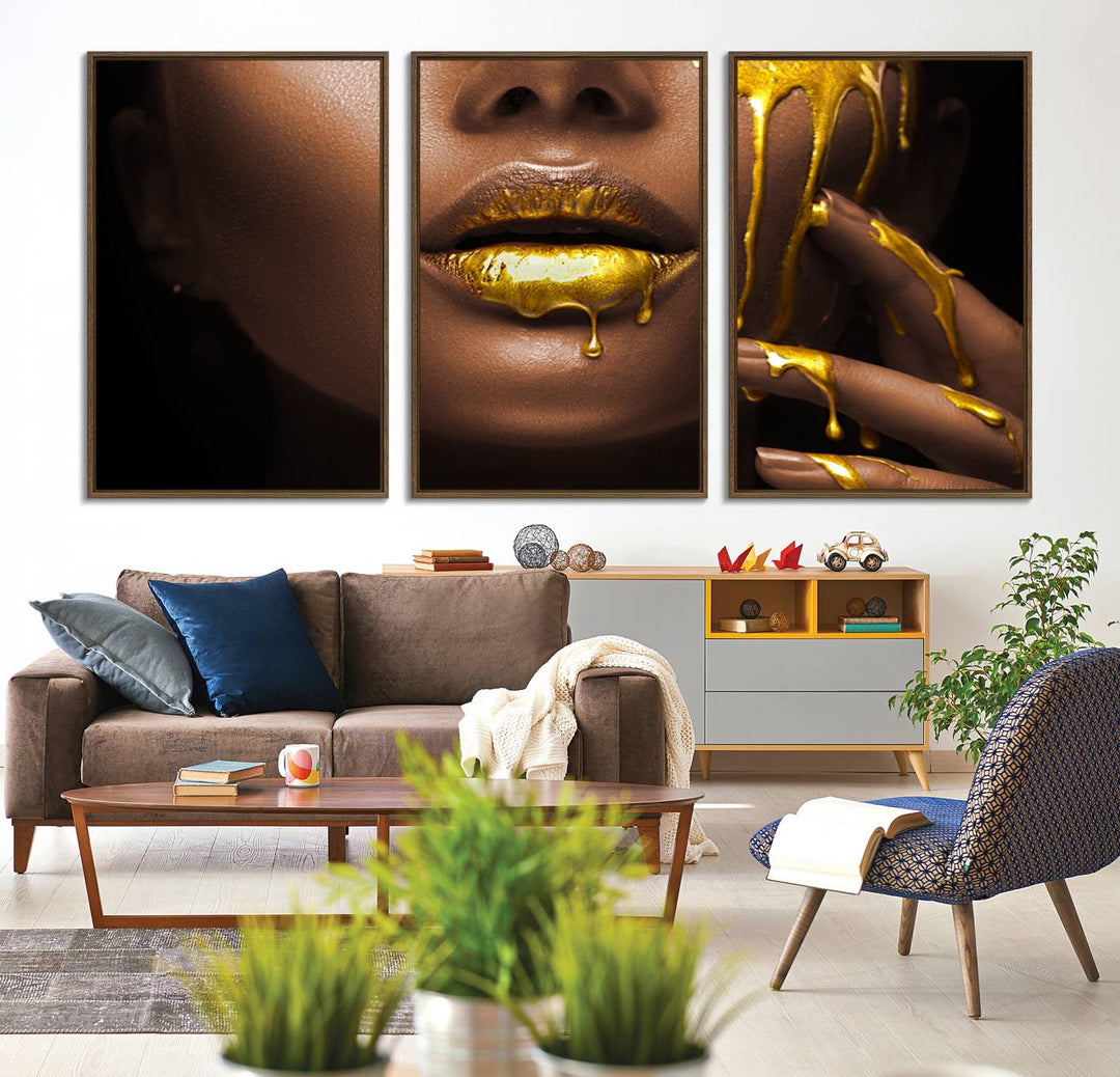 African American Art Canvas Print of a Black Woman with Gold Lips.