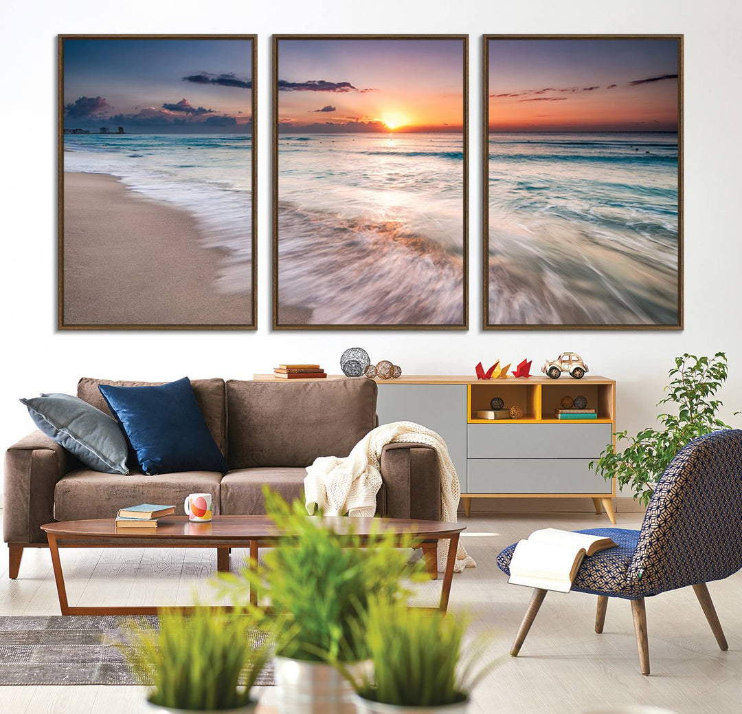 The Sunset Beach Wall Art adds tranquility to the living room.