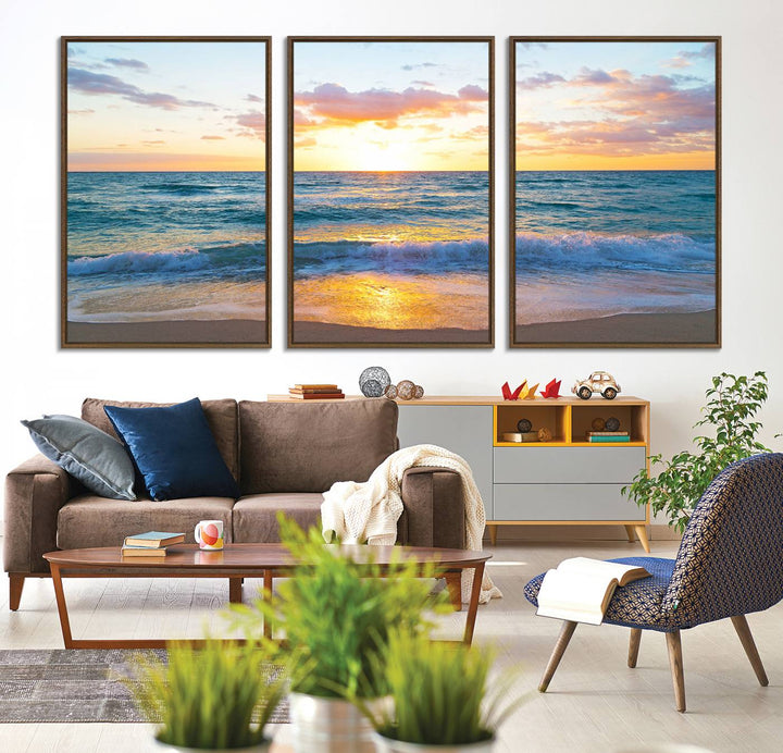 The Golden Sunset Over Ocean Waves painting depicts a vibrant sky.