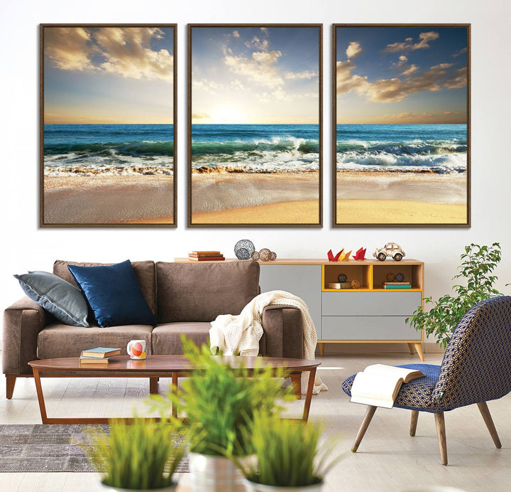 A Golden Sunset Beach triptych adorns the wall.