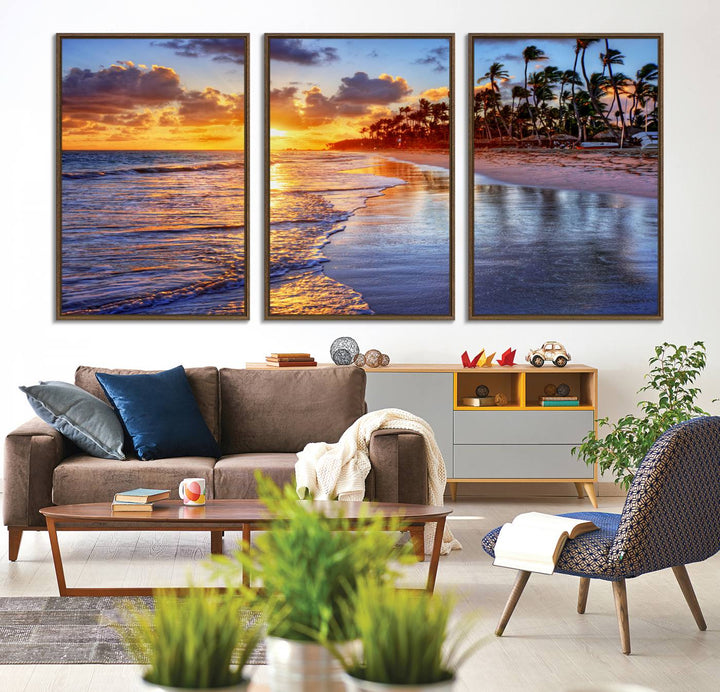 Serene Beach Sunset Wall Art Canvas featuring ocean waves hangs prominently.