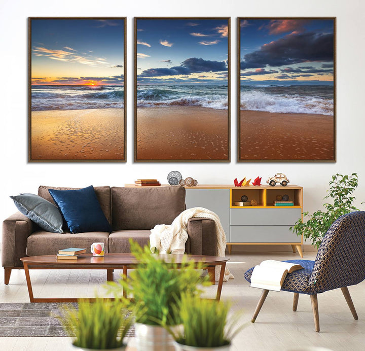 A Beach Canvas Wall Art depicting ocean waves and a tranquil sunset hangs above, capturing the serene beauty of coastal scenery.