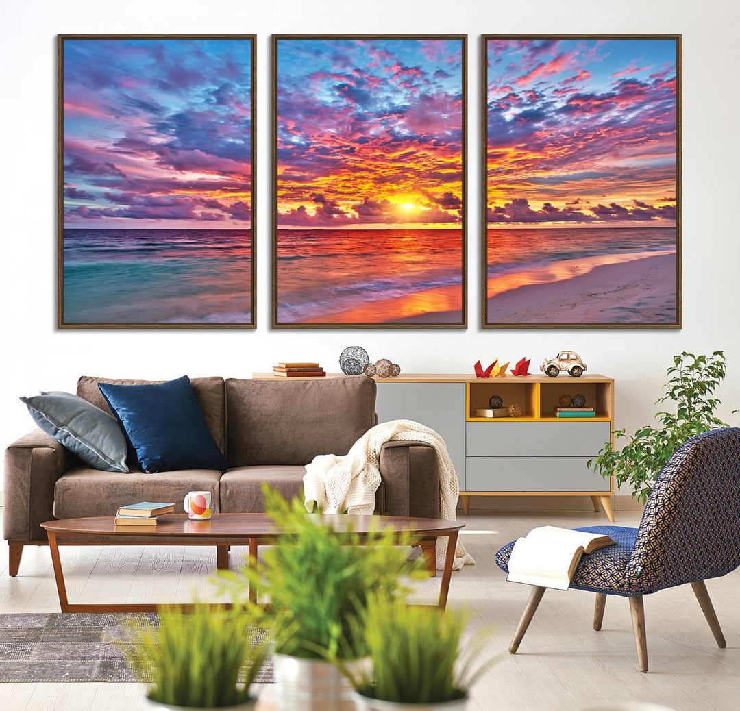 The Vibrant Sunset Beach Wall Art hangs prominently on the wall.