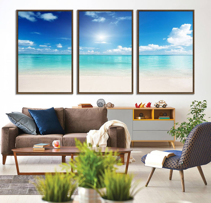 The Blue Ocean Wall Art Canvas Print hangs, creating a tranquil paradise.