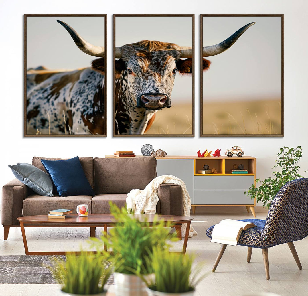 The Texas Bull Longhorn Wall Art Canvas Print is perfect for farmhouse decor.