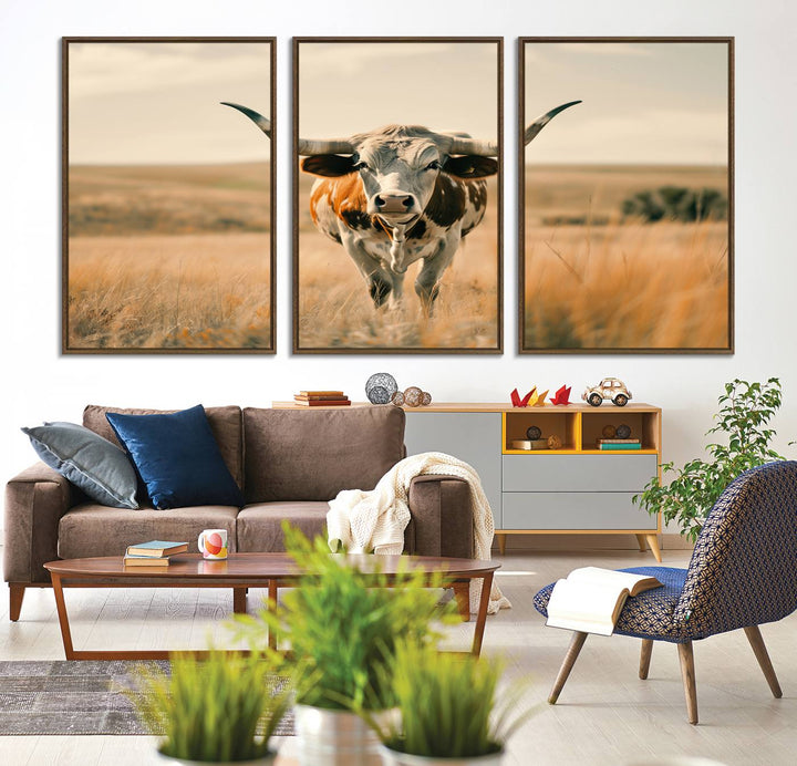 The Texas Cow Longhorn Wall Art Canvas adds rustic charm to the decor.