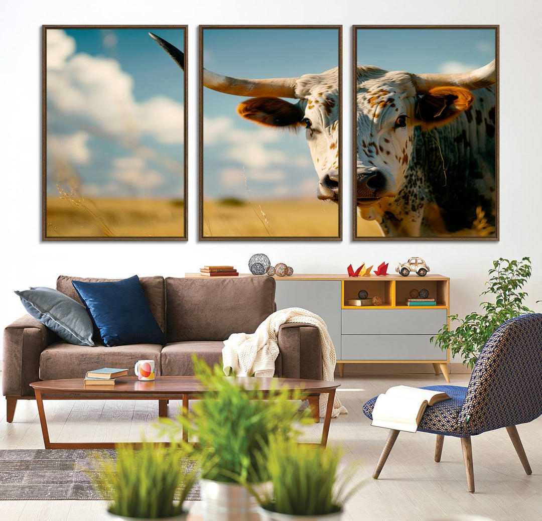 The Longhorn in the Prairie triptych cowboy wall art is ideal for western decor.