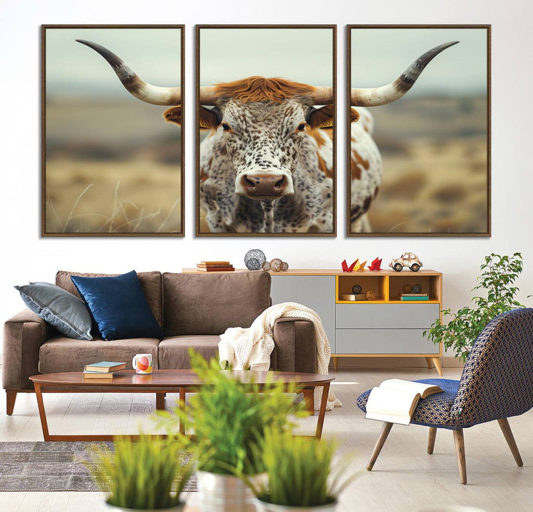 The Texas Cow Longhorn Canvas Print hangs, adding Western elegance.