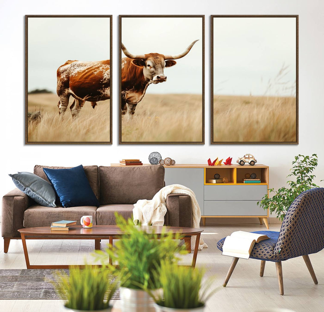 The Texas Longhorn canvas wall art print enhances a rustic farmhouse decor setting.