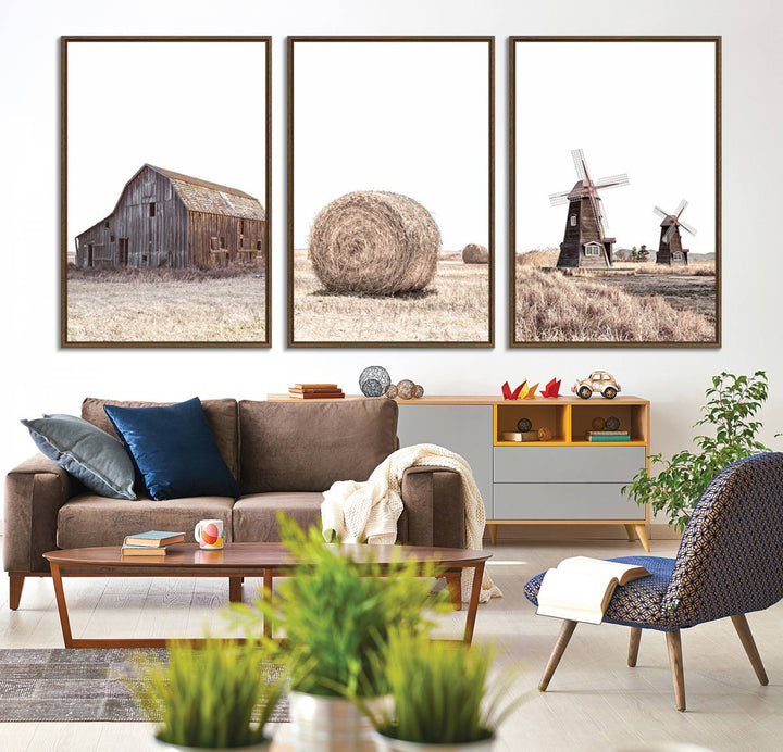 A set of 3 rustic Farm Prints, featuring barns and wheat, decorates a farmhouse wall.