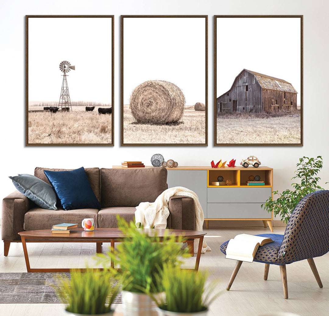 Above the couch, a Rustic Farmhouse Wall Art set depicts a barn and wheat field.