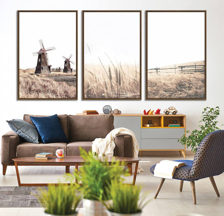 Farmhouse wall art set: 3 giclee canvas prints featuring windmills and wheat fields.