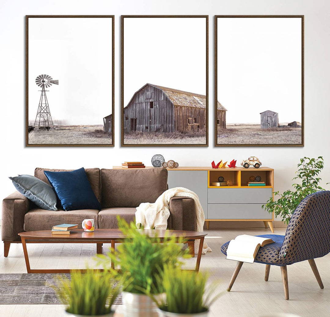 The Set of 3 Rustic Farmhouse Wall Art Prints features a barn, wheat field, and landscape.