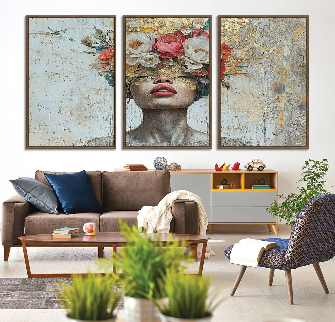 Golden Petal Canvas Print of a silhouette woman with a floral head creates a captivating focal point in the space.