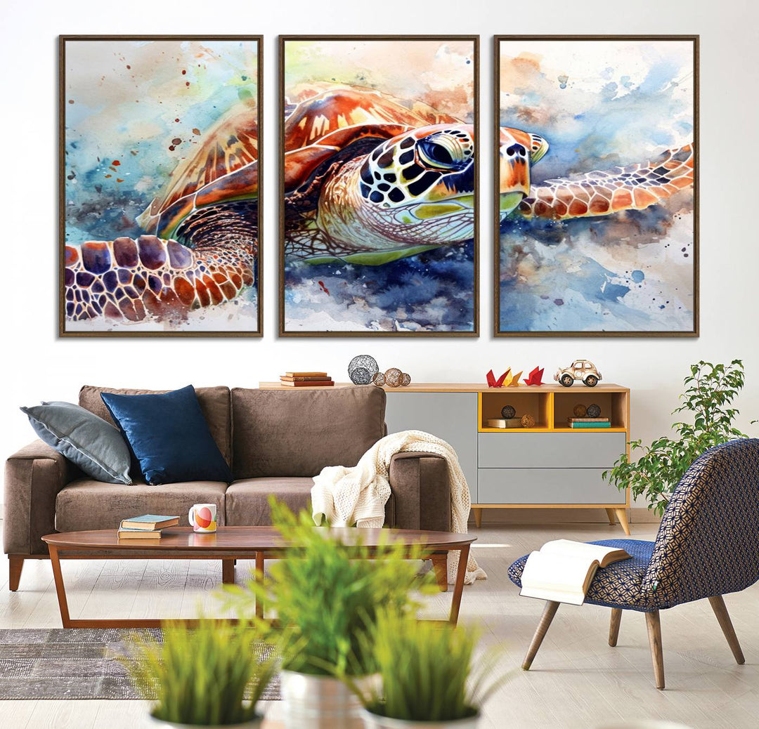 A Watercolor Sea Turtle Canvas Print with vibrant ocean colors adorns the wall.