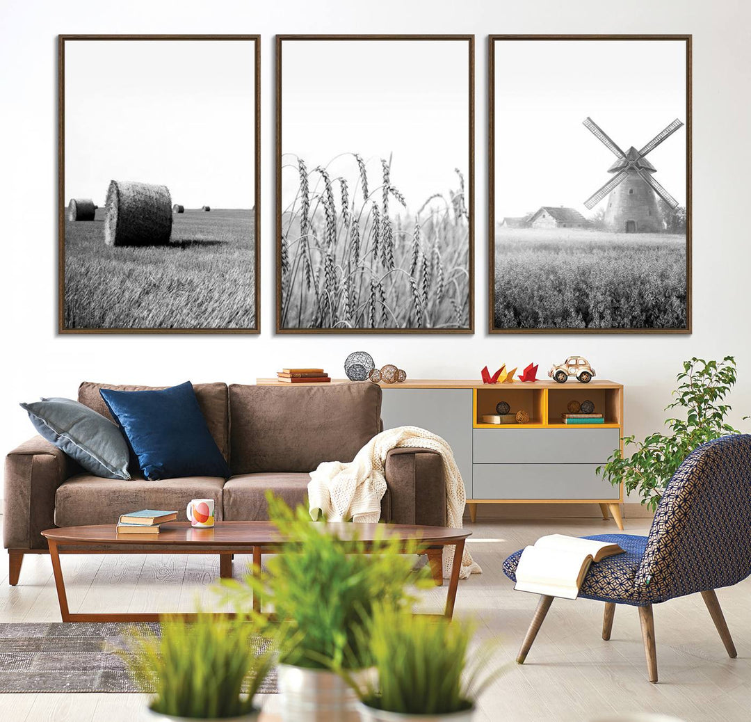 Vintage Farmhouse Black and White Triptych Wall Art – Giclee Canvas Featuring Wheat Fields, Hay Bales, and a Windmill for Rustic Home Decor