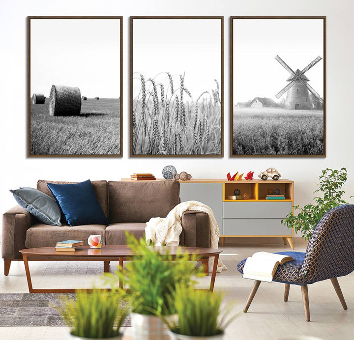 Vintage Farmhouse Black and White Triptych Wall Art – Giclee Canvas Featuring Wheat Fields, Hay Bales, and a Windmill for Rustic Home Decor