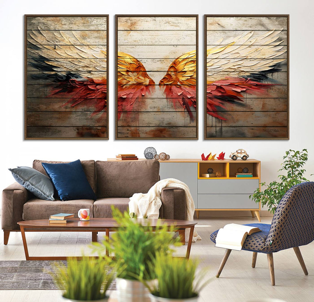 Abstract Angel Wings Canvas Art on a wooden backdrop.