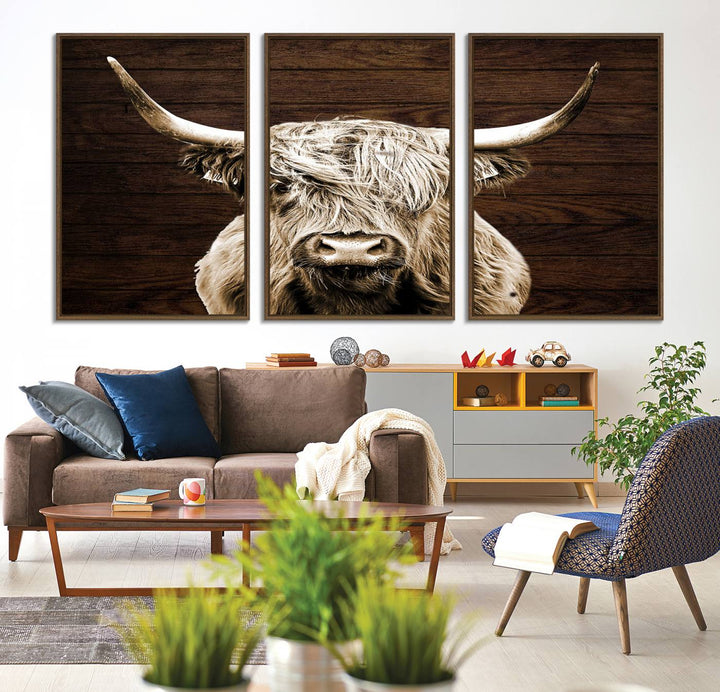 Highland Cow Wall Art Canvas Print: Majestic Scottish bull on rustic decor, ready to hang.