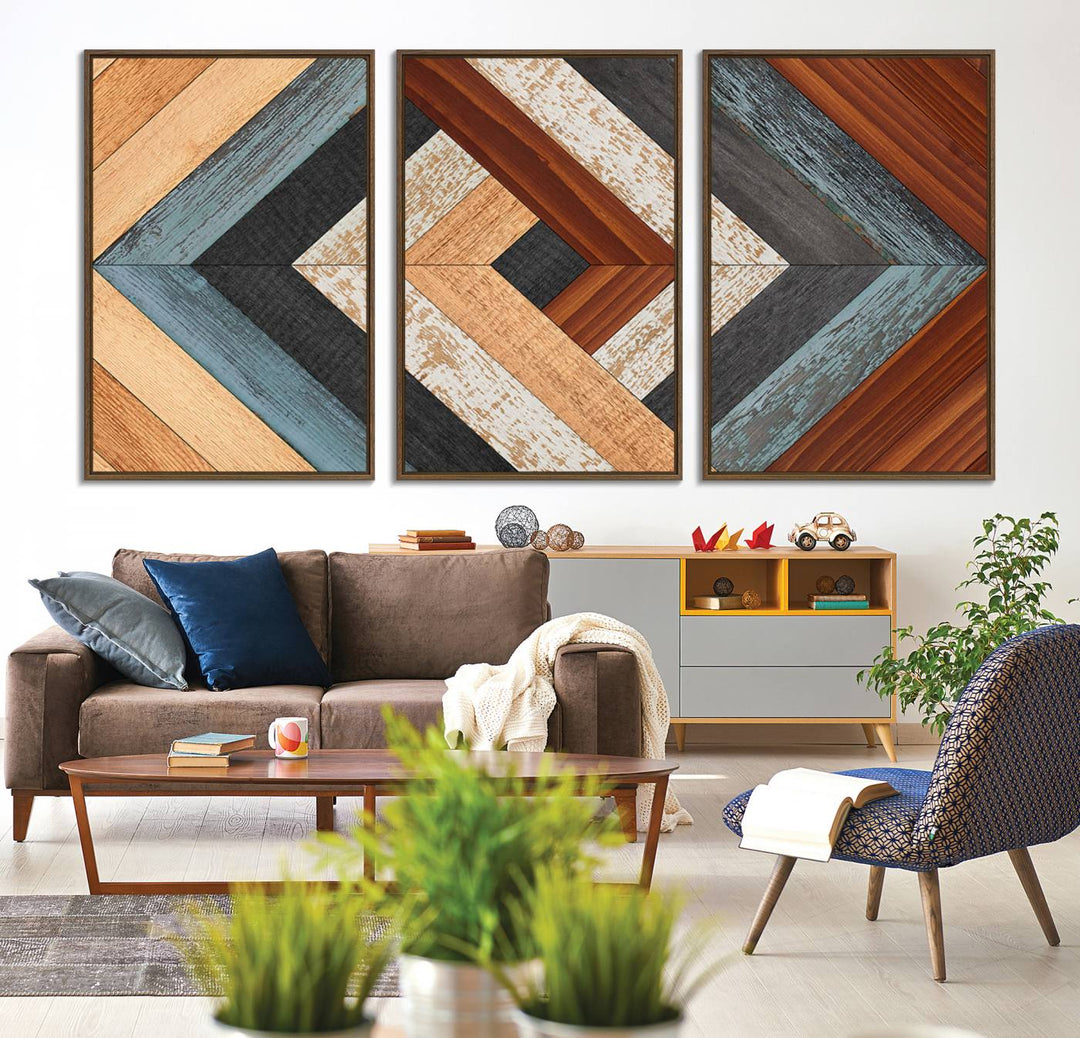 A Geometric Wood Art Wall Decor with a rustic pattern hangs prominently.