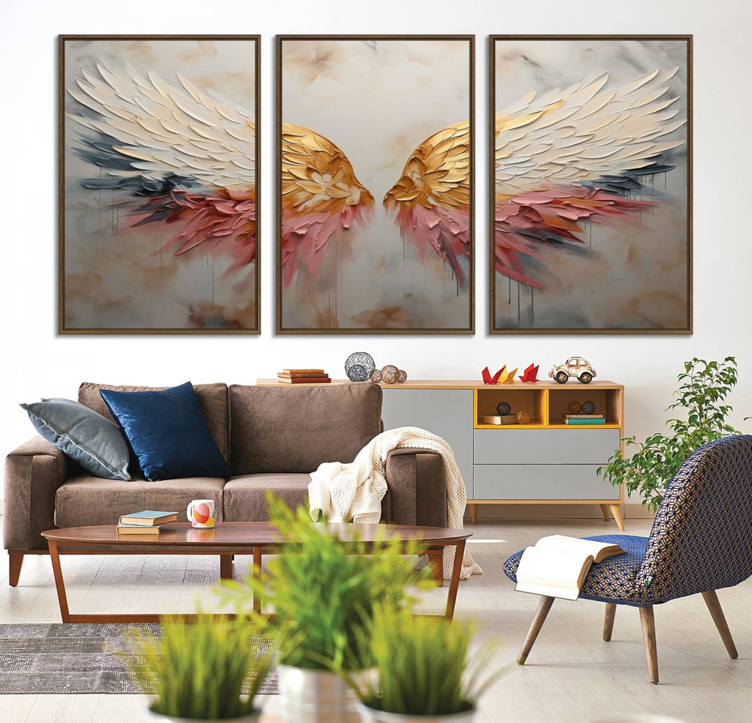 The Golden Angel Wings canvas print elegantly adorns the wall.