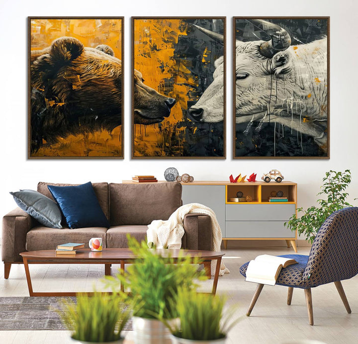 The Bear and Bull Wall Art Canvas Print adorns the wall.