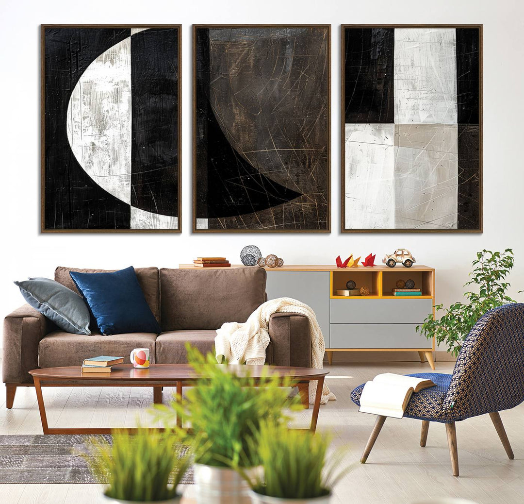 Wabi Sabi Wall Art Canvas Set features black, white, and brown geometric shapes.