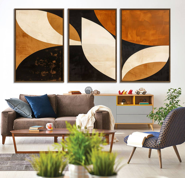 Geometric abstract wall art print featuring leaf shapes in brown, beige, and black.