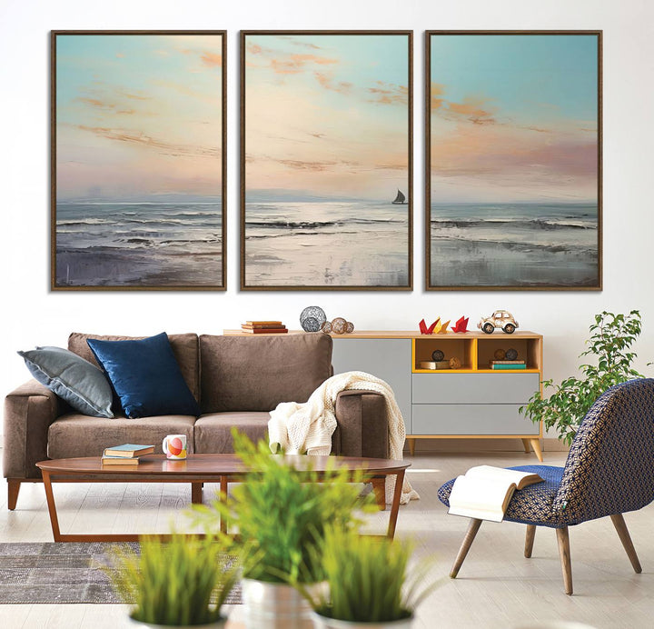 An Abstract Ocean Wall Art - Boat Canvas Print hangs prominently.