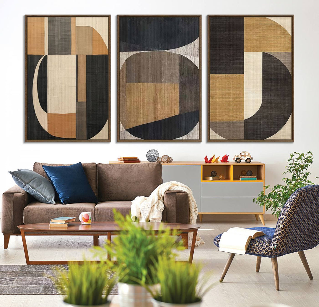 The Modern Brown Wabi Sabi Abstract Canvas Print Set hangs on the wall.